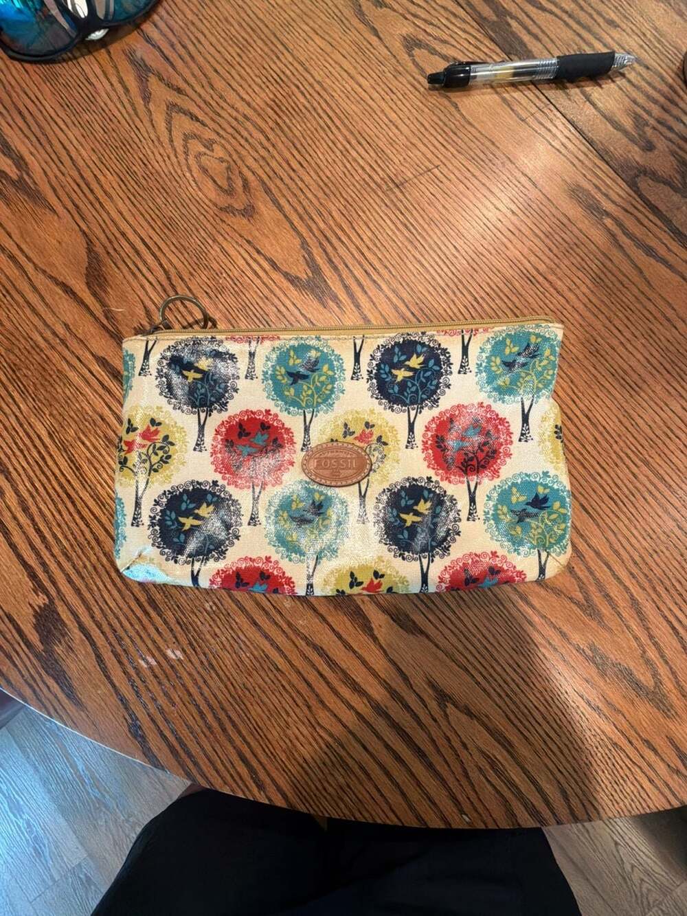 Fossil Coated Canvas Zippered Cosmetic Pouch with Tree and Bird Print